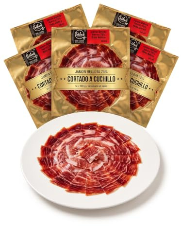Jamon Iberico de Bellota 75% Cortado a Cuchillo 5 Platos 100 g al Vacio | Curacion media de 36 meses, raza y alimentacion certificadas, sin azucares; se conserva 4 meses cerrado y se sirve en minutos
