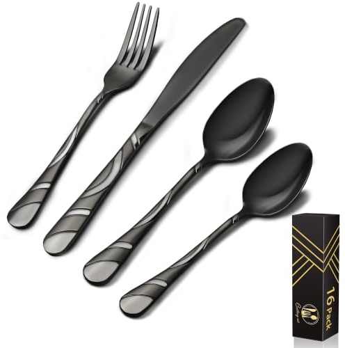 16-Piece Black Silverware Set for 4, 18/0 Frosted & Mirror Finish Stainless Steel Vintage Flatware Set, Modern Cutlery Set for Home Wedding Restaurant Housewarming Party Event Serving for 4