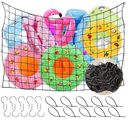 Outdoor Pool Toy Organizer Net 71x41 Inch Suspended Elastic Mesh Bag For Holding Floating Rafts Rings And Water Gear With Hardware