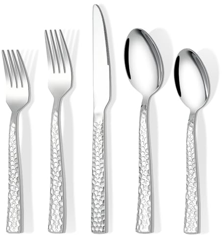 20-Piece Silverware Set, Hammered Stainless Steel Flatware Set for 4, Kitchen Utensil Cutlery Set Include Forks and Spoons Knives Flatware Set, Mirror Finish & Durable, Dishwasher Safe