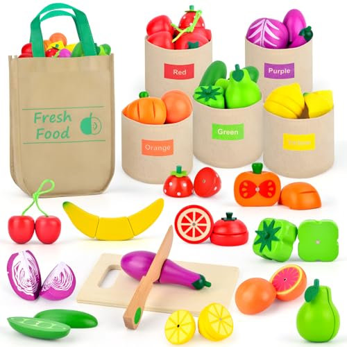 LilKisThk Wooden Play Food Sets for Kids Kitchen, Farmer's Market Color Sorting Set Play Kitchen Accessories Cutting Fruits and Veggies, Grocery Store Pretend Play Toys for Toddlers Boys Girls