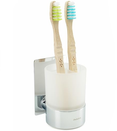 Dolvhin® Portaspazzolino Senza Forare | Bicchiere Porta Spazzolino Vetro Satinato Adesivo | Supporto Spazzolini Acciaio Inox | Bicchiere Bagno & Contenitore Spazzolini Organizer | Cromo Lucido
