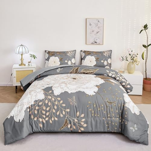 STYHO Floral Double Duvet Cover Set Dark Grey 3Pcs Large White Flower Bedding Set with Gold Leaves Soft Stylish Botanical Butterfly Theme Quilt Cover Bedding Sets(Dark Grey, Double)