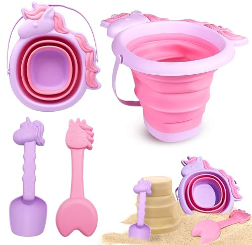 FALUCKYY Beach Toys Set for Kids | Unicorn Theme Sand Play Kit with Collapsible Bucket, Shovels| Travel Toys for Toddlers Children Boys Girls 3-8 Years Old