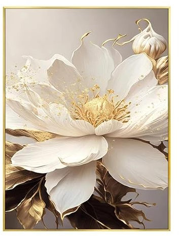 Abstrakte Blattgold Weiß Blühende Blumen Leinwand Gemälde Poster Druck Wand Kunst Bilder Moderne Wohnkultur A2 21X30Cm Kein Rahmen