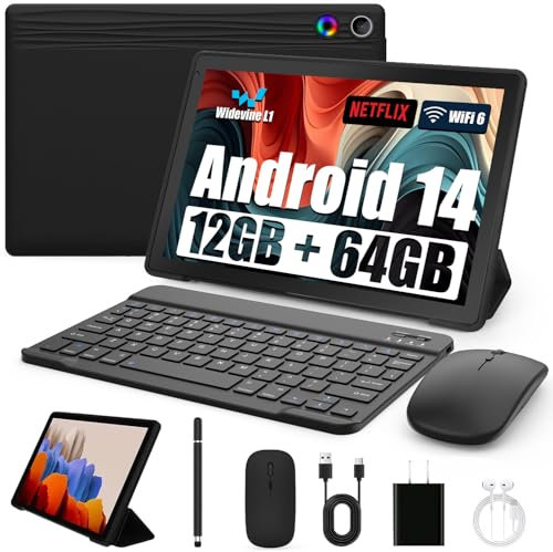 Latest 2026 Upgraded Android Tablet 10.1 Inch with IPS HD Touch Screen, Dual Camera, 64GB Storage 1TB Expansion, 8 in 1 Tablets Kit with Keyboard, Protective Case, Mouse, Stylus, BT 5.4, WiFi 6