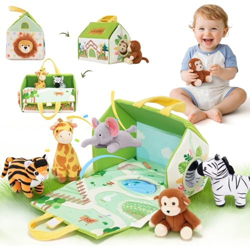 OUOZZZ Zoo Animal Plush House Set with 5 Animals, Soft Toy Gift for kids | 24cm plush zoo house with 5 small animals inside; folds flat into play map; mirror & numbers for learning; safe soft fabric
