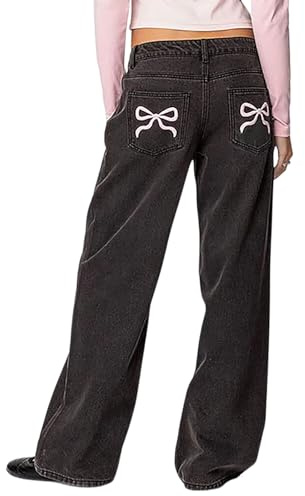 MASUCOR Rosettjeans för Kvinnor Söta Rosa Rosettjeans Baggy Jeans med Rosett På Bakfickorna Rosett Broderade Fickjeans med Mitten Midja Raka Jeans med Vida Ben Y2K Pojkvän(Black,M)