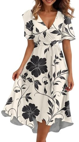 Generisch Abito estivo da donna a maniche corte, abito midi da donna, taglie grandi, elegante, per il tempo libero, con scollo a V, abito da donna con cintura, abito in chiffon, con fiori, per feste