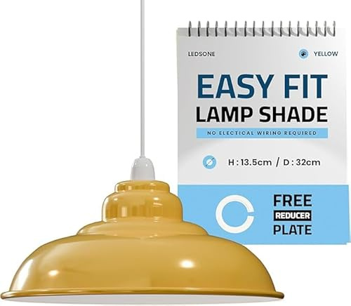 LEDSone Vintage Industrial Pendant Light Easy Fit with Metal Lampshade with Reduction Plate E27 for Bedroom Living Room (Giallo)