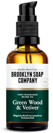 Brooklyn Soap Company, Aceite para barba 50 ml Green Wood & Vetiver – Aceite nutritivo para la barba para hombre – Para el cuidado diario de la barba – Aceite de barba en tamaño de viaje, ideal como