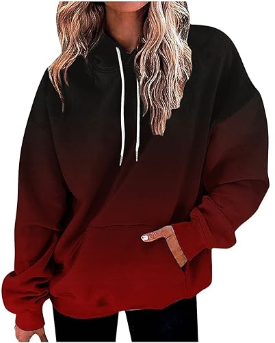 AnnSemo Womens Casual Hoodies Relaxed Fit Pullover Top Fashion Gradient Colour Long Sleeve Hooded Sweatshirt Loose Drawstring Hoodies for Women UK with Pockets