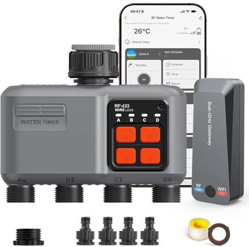 johgee Timer Irrigazione WiFi 4 Vie con Tecnologia RF 300M, Centralina Irrigazione WiFi, Compatibile con Alexa & App, Temporizzatore Irrigazione con 2 modalità & Ritardo Pioggia per Giardino, Prato