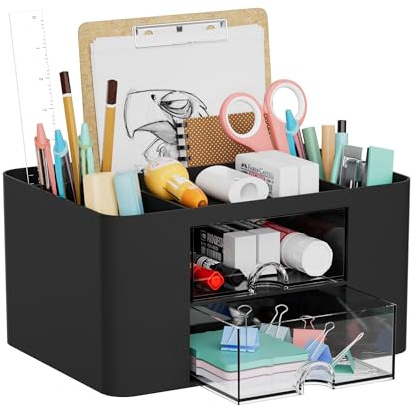 Marbrasse Desk Organiser with Drawers,Multifunctional Pen Holder with Compartments,Stationary Organiser for Home Office Desk and Accessories (Black)