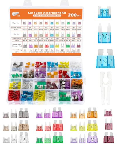 Acual Fusibles Coche 200 Pcs, Fusibles Micro/Mini/Estándar(11 Modelos 2A-40A), Alta Conductividad y Corte Preciso, con Extractor y Caja Organizada, Fusible Compatible con Coche,Moto,Caravana y Camión