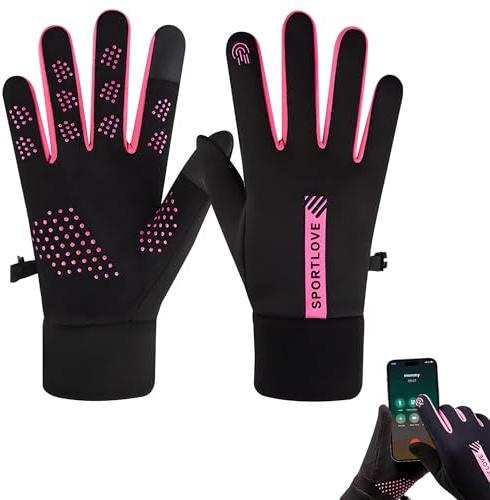 VVJIJILLY Black Pink Warm Winter Running Gloves, Touchscreen Gloves Mens and Womens Running Glove, Thermal Water-Resistant Cycling Glove with Fleece Lining for Outdoor Sports Riding Rugby Hiking