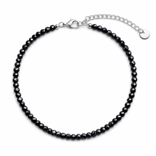Kim Johanson® Damen Edelstahl Fußkettchen mit echten Natursteinen in Silber I Naturstein Fußkette mit 4mm Edelstein Perlen I Wasserfest | Boho Schmuck für Frauen | Verstellbar |