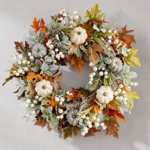 Fall Wreath for Front Door, 40cm Artificial Harvest Festival Wreath, Autumn Wreaths with Maple Leaf,Pumpkins and Berries, White Artificial Pumpkins Wreaths for Harvest Thanksgiving Decor Decorations