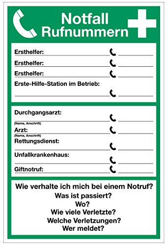 WANDKINGS Hinweisschild - Notfall Rufnummern - stabile Aluminium Verbundplatte - Wähle eine Größe - 20x15 cm
