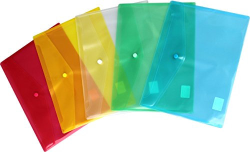 Dokumententaschen Sammelmappen Sichttaschen A5 quer transparent farbig sortiert- Dokumentenmappe mit Klappe und Druckknopf- 10 Stück