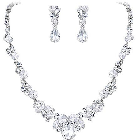 EVER FAITH Damen Schmuckset Klar Strass Kristall Hochzeit Floral Wassertropfen Halskette Ohrclips Set Silber-Ton