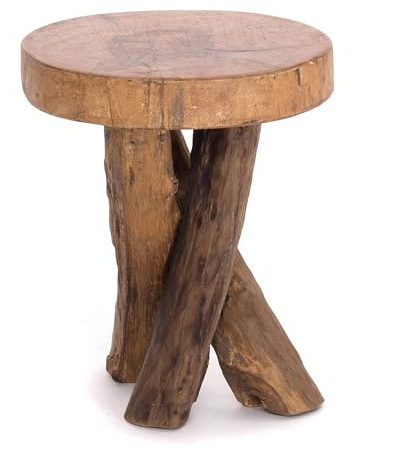 DESIGN DELIGHTS Robuster runder HOLZTISCH Teak 40 | 41x34cm (HxØ), Altholz | rustikaler Beistelltisch, Dreibeinhocker, Fußhocker, Holztisch, Blumenhocker