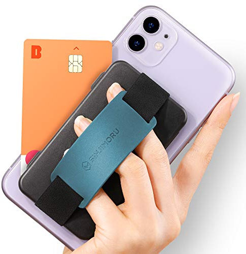 Sinjimoru Cell Phone Card Holder Wallet for Back of Device, Secure Silicone Stand Card Zip 2, Black with Teal Band