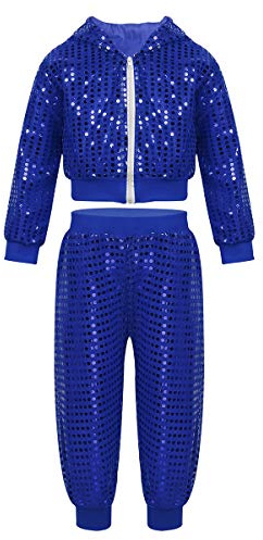 FEESHOW Kids Boys Girls Sequin Jazz Hip Hop Dance Costume Children Dancing Clothing Set Stage Performance Costume Dancewear Blue 7-8 Years
