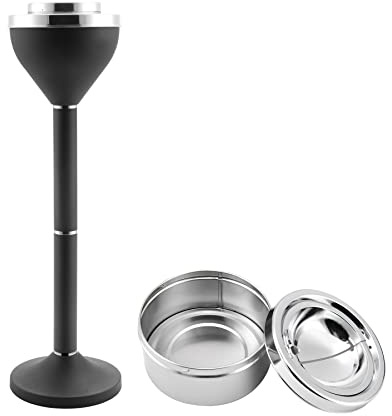 Anfrere Standing Ashtray Outdoor for Patio, Large & Tall Outside Ash Tray for Cigarette Butt Receptacle Disposal, Commercial Metal Smokers Cigar Ashtrays Container with Lid, Matte Black, B01DK