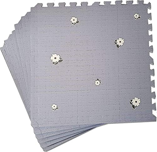 Interlocking Soft Foam Kids Floor Mat Living Room Children Room Decor Playmat Gym Yoga Exercise Fitness Floor Jigsaw Puzzle Tiles Carpet (Grey + Flower Printed, 6 pc)