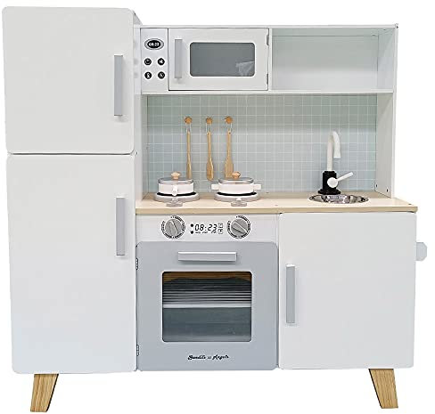 Bandits & Angels Holz-Kinderküche XL Modern Weiß/Grau ab 3 Jahren – Thekenhöhe 52 cm – Inkl. 5 Zubehörteile - Für Jungen und Mädchen - Kinderküche - Spielzeugküche - Weiße Spielküche