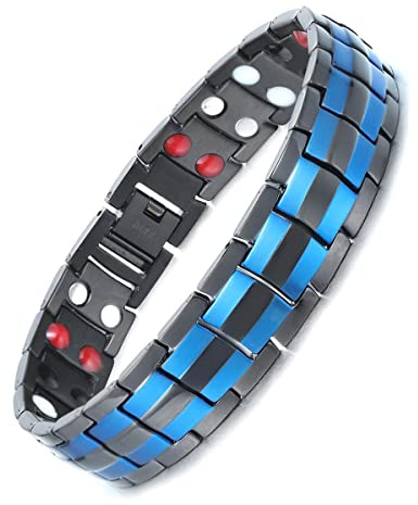 MagEnergy Titanium Steel Magnetic Bracelets for Men,4 Element Double Row Ultra Strength Magnets Wristband Magnetic Brazaletes with Adjustable Links Removal Tool & Jewelry Gift Box (Two Blue-4)