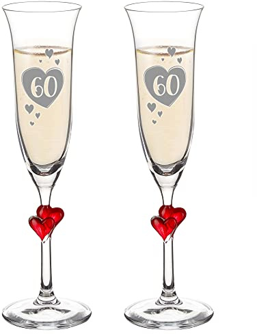 AMAVEL 2er Sektgläser Set mit roten Herzen zum 60. Geburtstag, Sektgläser mit Gravur, Geburtstagsgeschenk, Herz Sekt Gläser, Geschenk zur Diamanthochzeit, Geschenke für Frauen, Champagner Gläser
