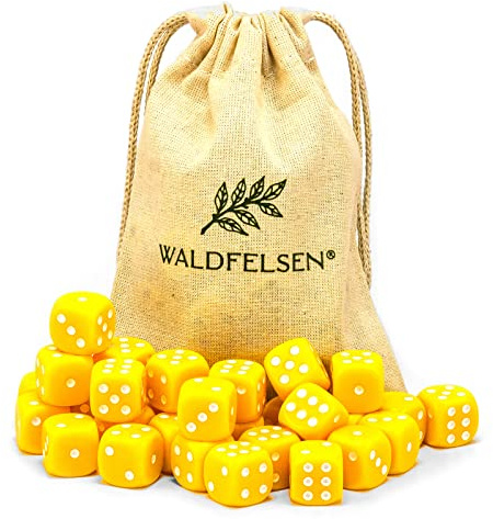 Waldfelsen® Högkvalitativa tärningar, 6, 12, 20, 30 eller 50 stycken, i standardstorlek: 16 mm, 6-sidiga akryltärningar, speltillbehör, i set med tygpåse (gul, 30 stycken)