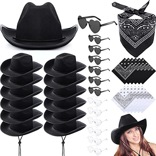 36 Stück Halloween Erwachsene Cowboyhut mit Bandana Herz Sonnenbrille Unisex Filz Cowboyhut Herren Damen Western Party Kostüm, schwarz, weiß, Einheitsgröße
