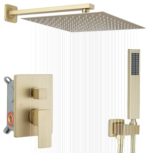 JingGang Gebürstetes Gold Duschsystem 12 Zoll Badezimmer Luxus Regen Mixer Dusche Combo Set Wandmontage Regendusche Kopf und Handsystem Dusche Wasserhahn Set Grob Ventil Körper und Verkleidung