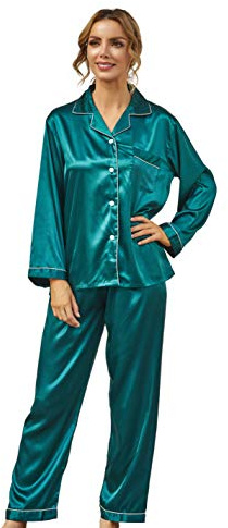 BigKing Pijamas de Seda de imitación de Manga Larga, Ropa de casa de Seda de imitación de Color sólido, Pijamas con Botones de Dos Piezas para el hogar (XL, Verde)