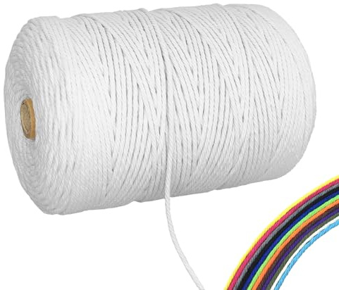 FORBELL Makramee Garn, 3mm x 300m Premium Baumwollgarn, DIY Handwerk (Weiß, 3 mm x 300 M)