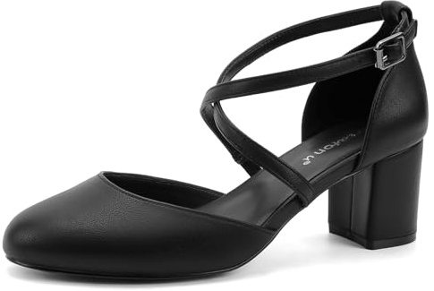 Greatonu Damen Pumps Riemchenpumps Spangenpumps Sandale mit Kreuz Knöchelriemen Blockabsatz Geschlossener Spitze Glitzer Pumps - Perfekt für Hochzeiten und Partys