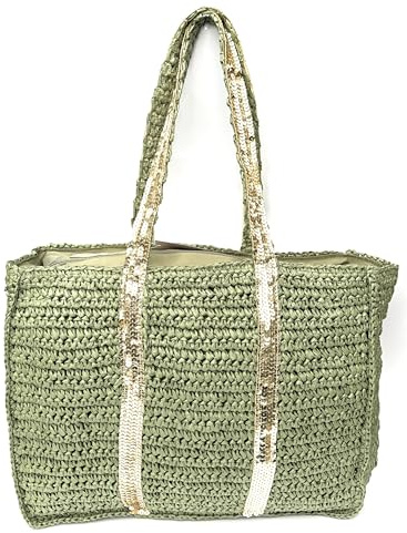 stylx Korbtaschen Payetten GOLD Damen Stroh Umhängetasche Mori EIN-Schulter-Strohsack Handgewebte Basttasche Korbtasche Sommer Strand Frauen Weben Handtasche für Arbeit Reise Outdoor (khaki/gold)
