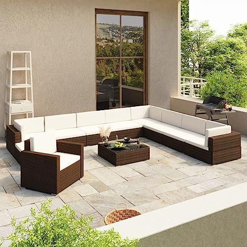 HETFTJN 12-TLG. Garten-Lounge-Set, Sitzlounge Garten Gartensessel Gartenmöbel Set Garten Essgruppe Geeignet für Garten Balkon Wenig Platz Außen mit Auflagen Poly Rattan Braun