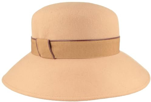 Breiter Damen Wollfilz-Glocke Hut Filzhut 100% Wolle Wollhut Band mit Kunstleder-Paspel - One Size Mittelbeige