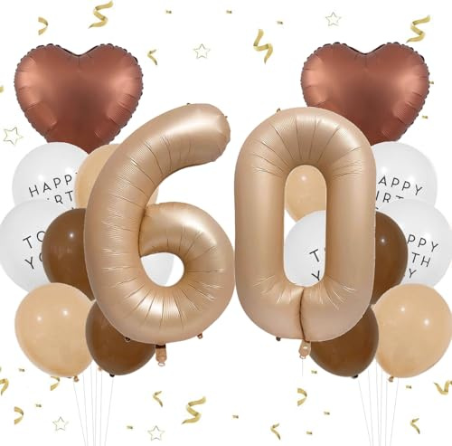 Feelairy jiao Luftballon 60. Geburtstag Frau Deko, Zahl 60 Braun Ballons 60 Creme, Ballons Beige Aprikose Kaffee Braun Herz Luftballons Happy Birthday für Geburtstagsdeko 60 Jahre Frau Party Deko