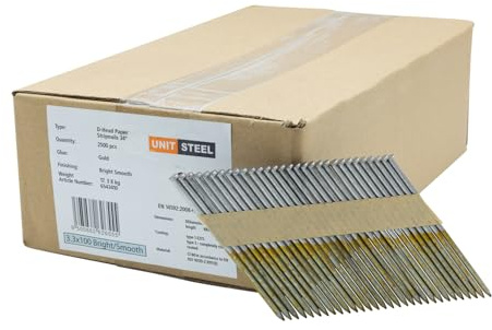 UnitSteel 34° Stauchkopfnägel - 2.500 stuck, Nägel für Druckluft-Nagler, D-KOP, 3,4X100mm, Ring/verzinkt, für fast alle Marken von Tackern