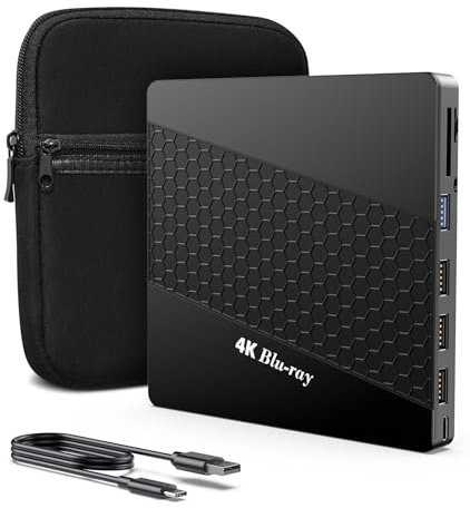 XRTFORE Unità Blu Ray esterna 4k per PC, lettore Blu Ray UHD portatile 4K, porta SD/TF con custodia per il trasporto, lettore Blu-Ray HD USB 3.0, lettore DVD +/-RW esterno per MacBook Pro Windows