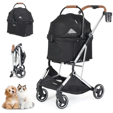 Beberoad T3 Pro 3-in-1 Haustier-Kinderwagen für kleine mittelgroße Hunde Katzen unter 20 kg, faltbarer Haustierwagen Hundewagen, abnehmbare Tragetasche mit Pad, Getränkehalter, mattiertem Rahmen und