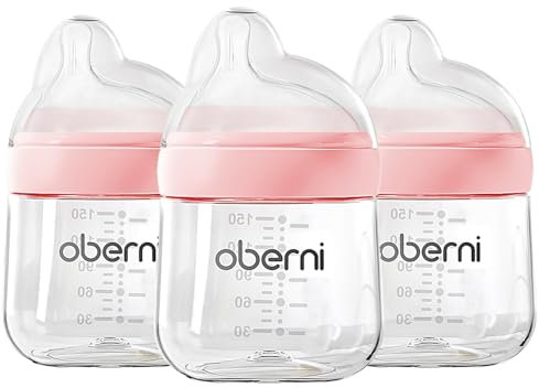 Oberni Baby Bottles with Slow Free Flow Off-Centered Teat for 0+ Months, Anti Colic Newborn Milk Feeding Bottle, 150ml/5oz/Pink/3Pack