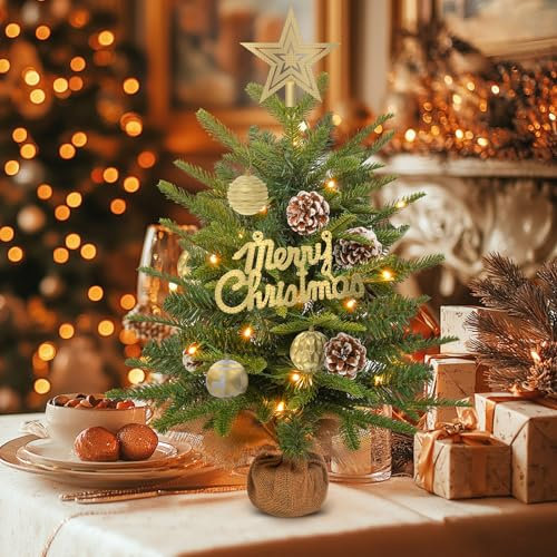Soontrans Kleiner Weihnachtsbaum mit Beleuchtung Deko-Weihnachtsbaum Klein mit 30 Warmweiß LED Geschmückter Mini Weihnachtsbaum im Topf 60 cm mit 6 Kiefernzapfen & Batteriebox für Weihnachtsdeko