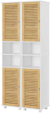 FORABAMB Meuble Colonne Salle de Bain Haute Avec 2 Étagères Ouvertes et 2 Portes en Bambou, Pour Salon, WC, Cuisine, Entrée, 30 × 32 ×190 CM, Lot de 2