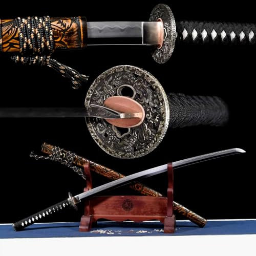 103cm handgefertigtes Katana,hochwertige Klinge aus Kohlenstoffstahl und weißer Kupferschutz,Scheide aus massivem Holz mit handgeschnitztem Muster,echte Samurai schwert für Geschenk,Sammeln,Kampfsport
